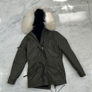 SAM distressed green jacket w white fur hood